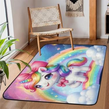 Imagem de Tapete de área para sala de estar, lavável à máquina, unicórnios coloridos brilhantes, antiderrapante, tapete macio, para sala de estar, quarto, sala de jantar, berçário, cozinha, decoração de casa