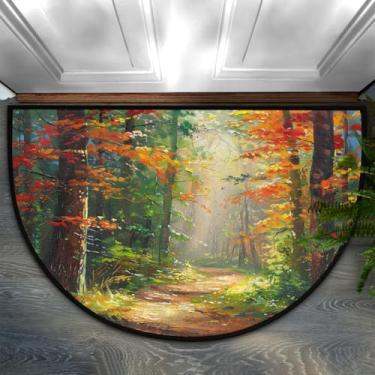 Imagem de Tapete de porta meio redondo, floresta, colorido, outono, antiderrapante, absorvente, semicírculo, tapetes laváveis, para ambientes internos e externos, pátio, cozinha, banheiro, entrada, lareira