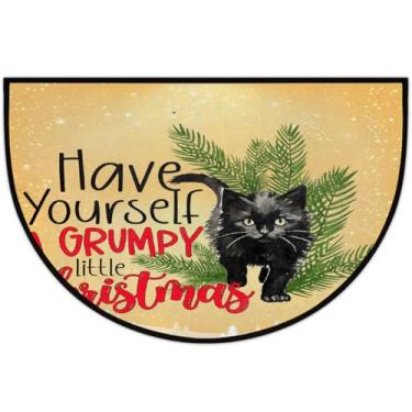 Imagem de Tapete de porta meio redondo de Natal gato preto antiderrapante absorvente semicírculo tapetes laváveis, tapetes de meia lua para interior, pátio, cozinha, banheiro, entrada, lareira, decoração de