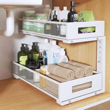 Imagem de Pacote com 1 organizador de pia de 48 cm de profundidade, organizador de armário de 2 camadas com trilho circular liso, gavetas deslizantes de malha metálica de grande capacidade para armazenamento de