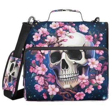 Imagem de STAYTOP Fichário escolar de caveira de Halloween com alça de ombro, anéis de vedação de 3,8 cm, capacidade para 600 folhas, pasta de arquivos expansível, vários bolsos e organizador de armazenamento