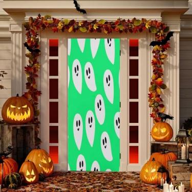 Imagem de Wassud Decoração de capa de porta Halloween Boo banner interno externo decoração de casa de varanda grande decoração de porta da frente 96 x 98 polegadas