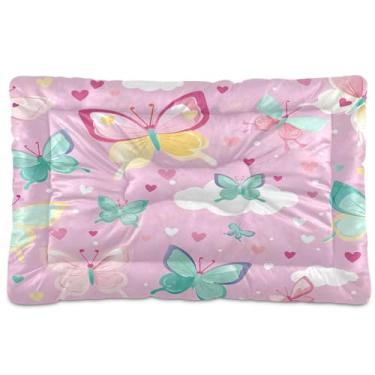 Imagem de Wassud Linda cama de borboleta pastel para cães pequenos, lavável, impermeável, para viagem, animal de estimação, cama portátil para gatos com fundo antiderrapante para uso interno e dormir, 91 x 61