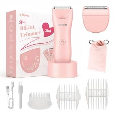 Imagem de ENSSU Aparador de biquíni para mulheres - Aparador de pelos pubianos 2 em 1 IPX7 à prova d'água, lâminas para mulheres com luz LED e carregamento USB, barbeador elétrico indolor com lâmina de cerâmica para biquíni, pernas, braços e axilas