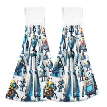 Imagem de Toalhas de cozinha personalizadas de robôs de desenho animado com laço de pendurar conjunto de 2 toalhas de cozinha fofas ultra absorventes decorativas, 46 x 35 cm