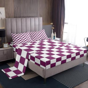 Imagem de Erosebridal Jogo de lençol quadriculado roxo para meninas, branco, lavanda, búfalo, xadrez, quadriculado, quadriculado, para crianças, adolescentes, mulheres, geométrico, conjunto de lençol 4 peças