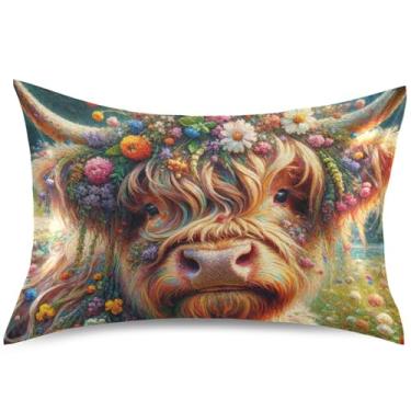 Imagem de Capa de almofada floral de vaca Highland em cetim com estampa de animal floral king queen padrão para cama extra macia, tamanho padrão, 66 cm x 50 cm