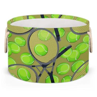 Imagem de Cesta de armazenamento grande redonda esportiva bola de tênis verde dobrável círculo cesto de armazenamento cesto de roupa suja com alça para crianças, meninos, meninas, brinquedo, quarto, sala de