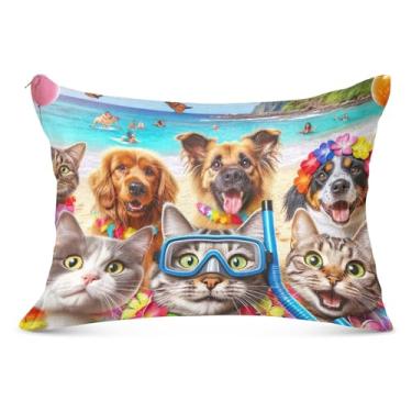 Imagem de Capas de travesseiro decorativas florais para gatos e cães de praia de flanela padrão queen king size capas de travesseiro longas para cama fofa, tamanho king, 50,8 cm x 101,6 cm