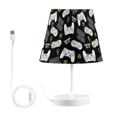Imagem de Joystick Gamepad Lâmpadas modernas para mesa de cabeceira com abajur de linho para quarto, luminária de mesa com porta de carregamento USB