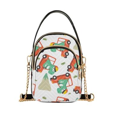 Imagem de Joisal Bolsa tiracolo engraçada para praia, palmeira, antirroubo, bolsa feminina moderna pequena bolsa para celular, Carro de condução de dinossauro fofo, 15*21*8cm