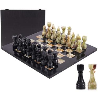 Imagem de Conjunto de xadrez de mármore feito à mão de 38 cm preto e verde para adultos - jogo de tabuleiro de mármore para família com caixa de armazenamento e 2 rainhas extras, conjunto de xadrez ideal para