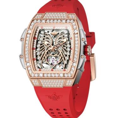 Imagem de OUPINKE Relógios automáticos femininos modernos de esqueleto oco Squre relógios femininos diamantes ouro rosa à prova d'água luminosos mecânicos relógios femininos vermelho branco pulseira de silicone