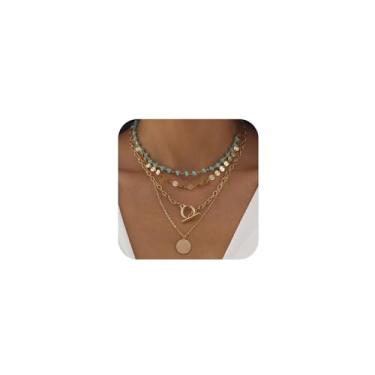 Imagem de Douxsu Colar feminino com contas em camadas, turquesa, dourado, ocidental, vaqueira, delicada, com pingente de moeda Y2K, requintada joia de festa de concerto, presente, One Size, Metal, Sem Pedra