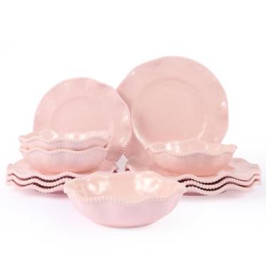 Imagem de Louça de jantar de 12 peças com contas de creme com pratos, tigelas e tigelas, conjuntos de louça de melamina inquebrável, perfeito para ambientes internos e externos – confiável para refeições