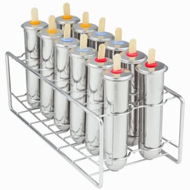 Imagem de Moldes de picolé de aço inoxidável, conjunto de 12 máquinas de sorvete, moldes de picolé com suporte, moldes de picolé caseiros reutilizáveis de metal com palitos e sacos (copo redondo)