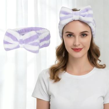 Imagem de Bandanas de pelúcia com laço para mulheres, faixas de cabelo felpudas aconchegantes para lavar o rosto, cuidados com a pele e maquiagem