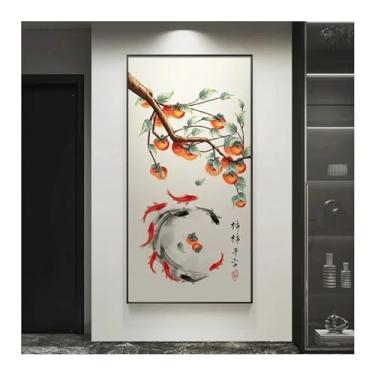 Imagem de Arte de parede retrô estilo chinês caqui alegórico auspicioso carpa flores impressão pôster casa quarto sala de estar decoração - (50 x 100 cm) 20 x 40 polegadas sem moldura