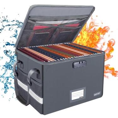 Imagem de ENGPOW Caixa de arquivos com fechadura, caixa de documentos à prova de fogo com tampa de zíper, organizador de arquivos dobrável com alça, cofre portátil para escritório doméstico para pendurar