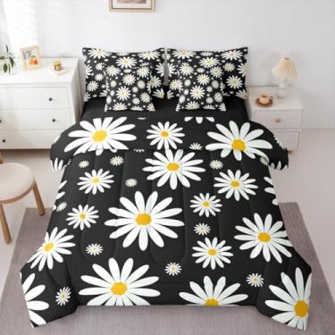 Imagem de Erosebridal Conjunto de cama solteiro com estampa de flores de desenho animado, margarida preta e branca em uma bolsa para crianças, meninas e adolescentes, conjunto de edredom floral descolado, com