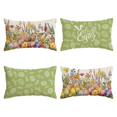 Imagem de ZAEW Conjunto de 4 capas de travesseiro de orelhas de coelho flores silvestres flores silvestres Páscoa conjunto de 4 decorações para casa de fazenda sofá sofá capa de almofada festa decoração de