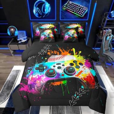 Imagem de Erosebridal Conjunto de edredom de 7 peças para consoles de jogos, solteiro, beisebol, arco-íris, tie dye, para decoração de quarto de meninos, presentes de jogadores