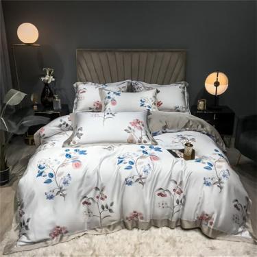 Imagem de Jogo de cama macio e sedoso com estampa floral refrescante de verão, capa de edredom e lençol, estilo 1, tamanho Queen (200x230cm), 4 peças