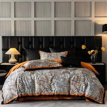 Imagem de Jogo de cama premium em algodão com estampa digital em blocos de cores, incluindo capa de edredom, lençol de cima e de baixo com elástico e fronhas (4 peças), estilo 1, tamanho Queen (200x230cm).