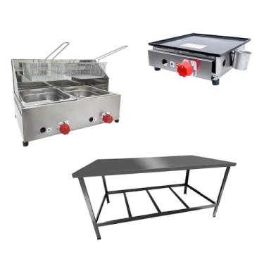 Imagem de Kit Lanchonete Mesa de Manipulação 120x55cm + Fritadeira a Gás 2 Cuba + Chapa a Gás 30cm Alcamar