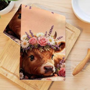 Imagem de Toalhas de cozinha de vaca rústicas, flor artística decorativa absorvente pano de prato de microfibra toalha de chá, toalhas de mão macias de waffle para casa de fazenda, casa de banho, presentes de