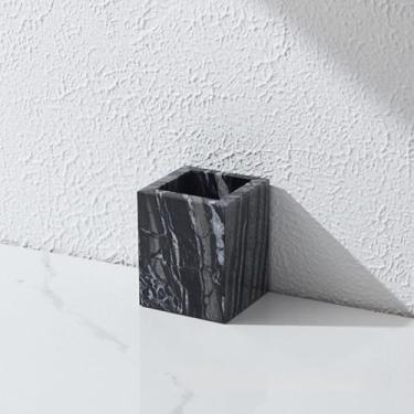 Imagem de Suporte de escova de dentes de mármore natural para banheiro, copo retangular de pedra genuína, organizador de bancada de escritório e casa durável (grão de madeira antiga)