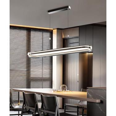 Imagem de Lustre de teto moderno com LED, dimerizável, com controle remoto (altura ajustável), emissão de luz 360°, acabamento em galvanoplastia, ideal para sala de jantar ou bar (preto, 120 cm).