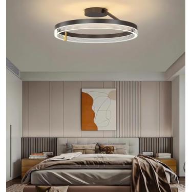 Imagem de Luminária de teto LED moderna para quarto, 40cm, redonda, preta, com detalhes dourados, dimerizável, com controle remoto, econômica, três cores de luz, ideal para sala de jantar, sala de est