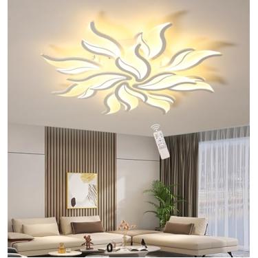 Imagem de Luminária de teto LED, regulável, para sala de estar, quarto, com controle remoto, design moderno e criativo em formato de flor, lustre de embutir para quarto (branco, 90 cm de diâmetro/72 W