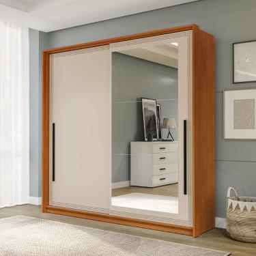 Imagem de Guarda Roupa Roupeiro 2 portas de correr 2 gavetas com Espelho Valência Freijó Creme Politorno Móveis