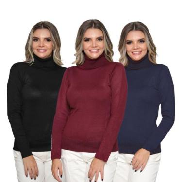 Imagem de Kit 3 Blusa Tricot Feminina Gola Alta Cacharrel Manga Longa Inverno 20