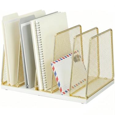 Imagem de AUPSEN Porta-discos de vinil, organizador de arquivos vertical de 5 seções para mesa, suporte de pasta de arquivos de mesa de madeira, organizador de espaço de trabalho para material de escritório