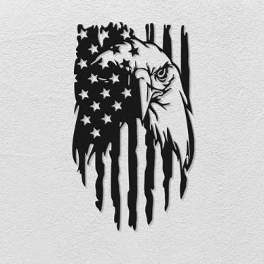 Imagem de Zckjnoi Arte de parede de metal águia americana com design de bandeira, decoração de parede de cabeça de águia preta fosca para sala de estar, ao ar livre, escritório, 4 de julho, decoração de casa