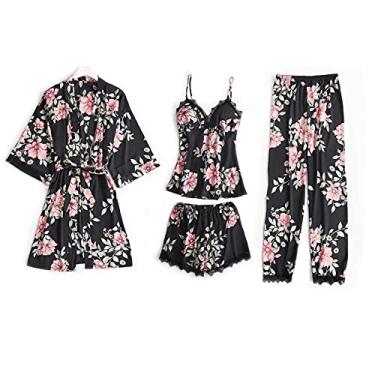 Imagem de HHHJQFAAT Pijama feminino 3 peças floral rendado acabamento cetim conjunto de pijama com roupão decote em V vestido de dormir G azul marinho B (azul marinho b)