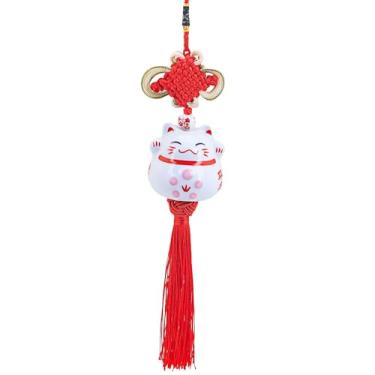 Imagem de Pingente de gato da sorte da Halloluck de cerâmica japonesa Maneki Neko gato pendente de pendurar gato da sorte adorno de decoração de nó chinês interior de carro decoração de casa, Vermelho