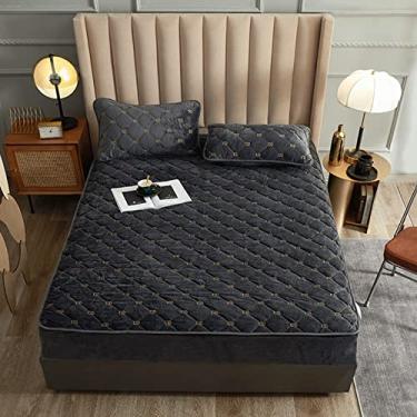 Imagem de Protetor de colchão, capa de colchão acolchoada de veludo leite, lençol com elástico profundo com duas fronhas, protetor de colchão quente outono inverno cor sólida, marrom, queen (cinza completo)