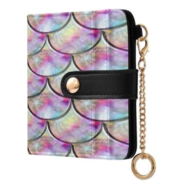 Imagem de STAYTOP Linda carteira feminina colorida com escamas de sereia com bloqueio de RFID, de couro macio, dobrável e compacta, porta-cartões com zíper, bolso para moedas, janela para identidade
