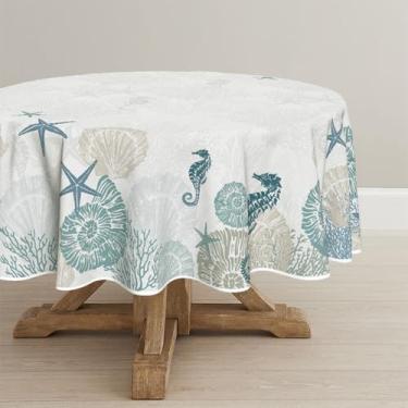 Imagem de Horaldaily Toalha de mesa redonda de verão, 228 x 234 cm, hipocampo, estrela-do-mar, algas marinhas, concha, azul, lavável, capa de mesa sazonal para decoração de festa, piquenique, jantar