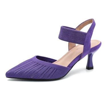 Imagem de Enelauge Sandália feminina de bico fino, salto baixo, tecido de malha, com tira elástica no tornozelo, bico fechado, sem cadarço, confortável, para casamento, formatura, Roxa, 38