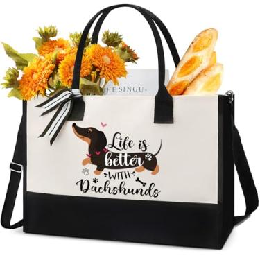 Imagem de VeloKomo Presentes Dachshund para mulheres – Sacola reutilizável com zíper linda bolsa de mercearia compras trabalho acessórios de viagem aposentadoria Ano Novo presente de aniversário para avó mãe