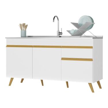 Imagem de Balcão Cozinha Gabinete Pia 150cm 3 Portas Branco Dourado