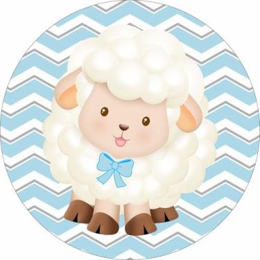 Imagem de Painel de Lona Redondo Ovelhinha Gravata Azul Fundo Chevron - Fabrika 