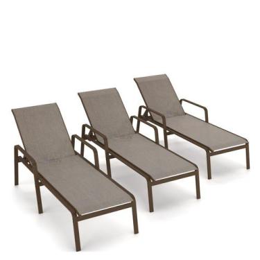 Imagem de Kit 3 Espreguiçadeira Piscina Alumínio Marrom Tela Mocca - Aluv Móveis