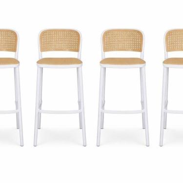 Imagem de Kit com 4 Banquetas Alta em Polipropileno com Encosto Amis Branco/Bege