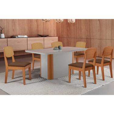 Imagem de Conjunto: Mesa de Cozinha Pietá Tampo c/ Vidro Curvo 180cm+6 Cadeiras Havana Naturale/Off White - Suede Marrom - Rufato